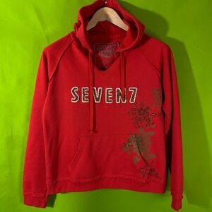 SEVEN7‎ Red Graphic Hoodie Sweatshirt Floral Print Distressed Y2K Women's Small